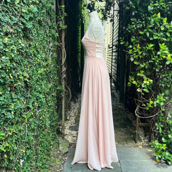 Lulus Bridesmaids Dress Maxi Open Back Lace up Blush Pink Peach Small - Picture 3 of 10